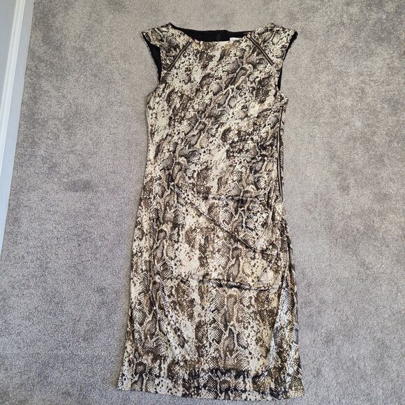 Cache Women’s Faux Wrap Bodycon Dress L/S Animal Print Gold Hardware Size Large - Picture 6 of 13